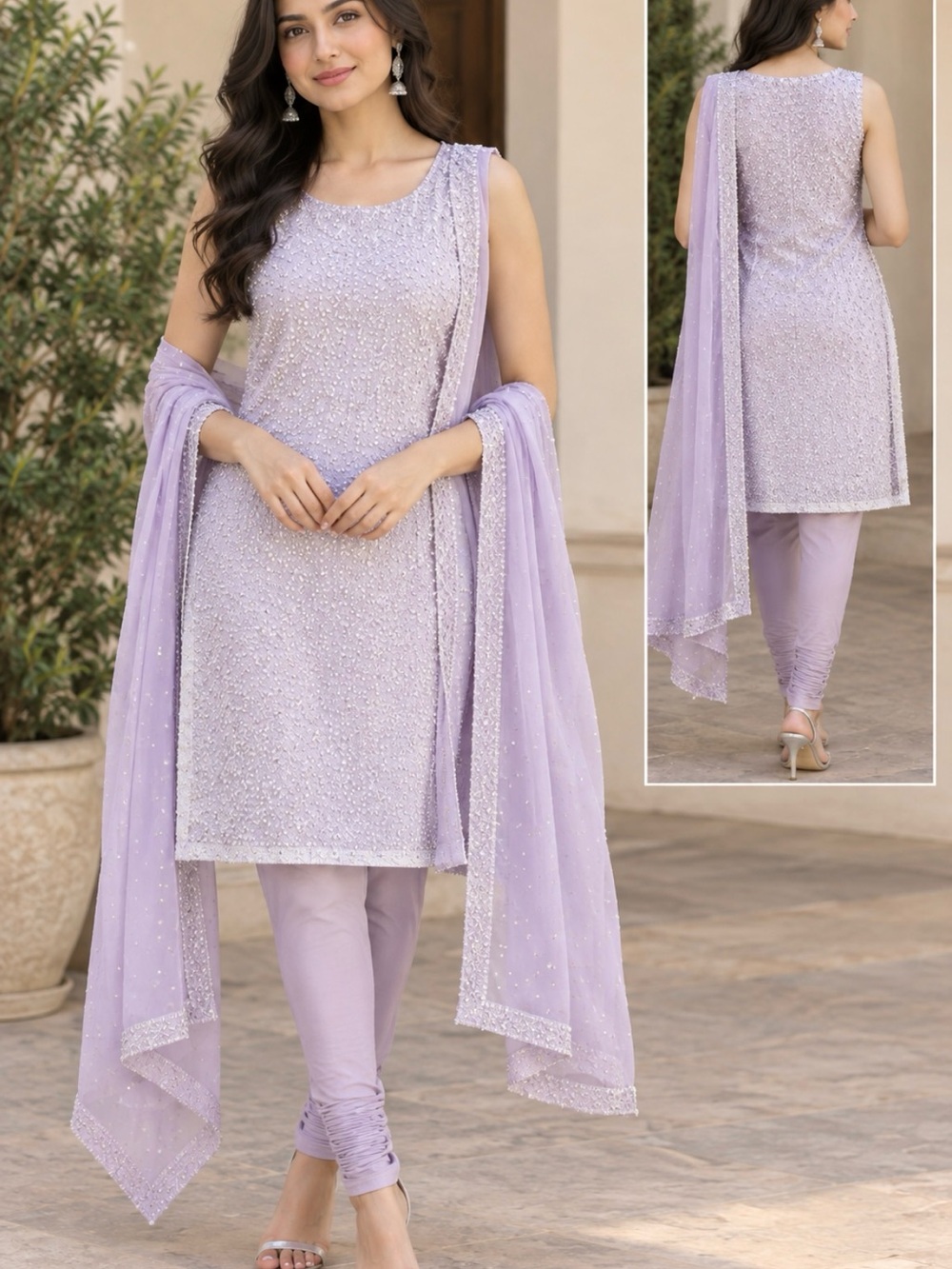 Womens Indian Beaded Churidhar Kurta Dupatta Lavender Sz S